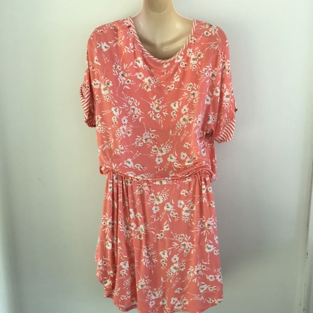 Ellen Tracy Floral Drawstring Waist Coral Comfy Lightweight Summer Dress L - Picture 7 of 8